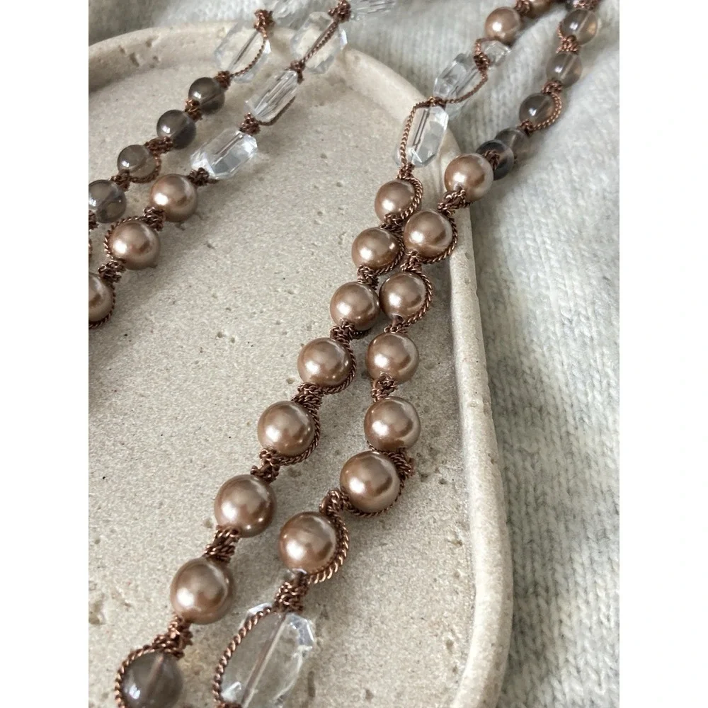 Copper Tone Multi Strand Beaded Necklace Faux Pearl Clear‎ Gray Beads Romantic